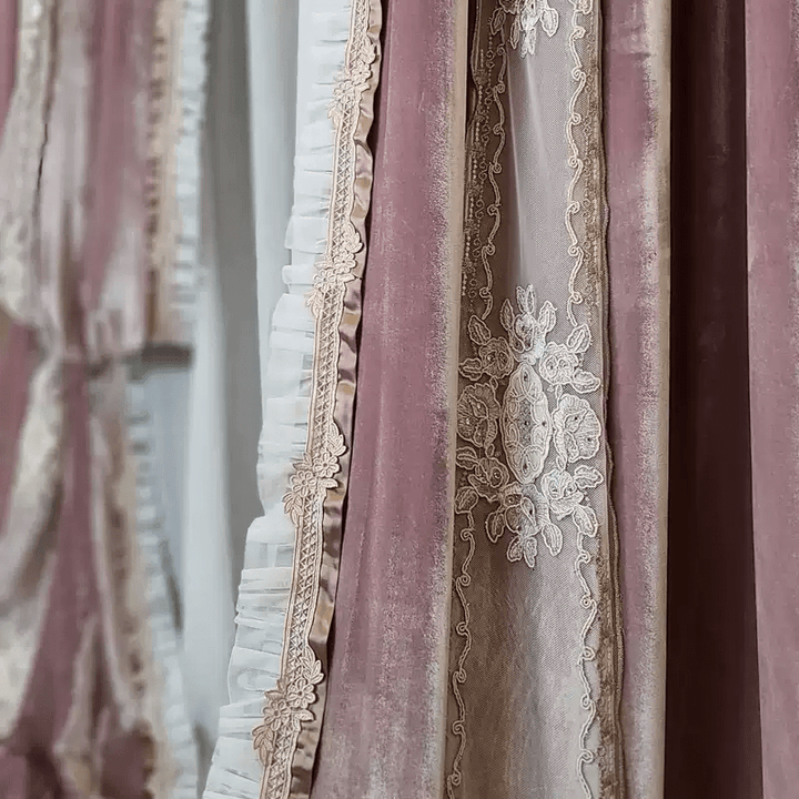 “Rosé Mornings” Rococo Curtains – Pink Velvet Versailles Drapes with Lace Trim for Romantic Home Interiors - WonderlandByLilian