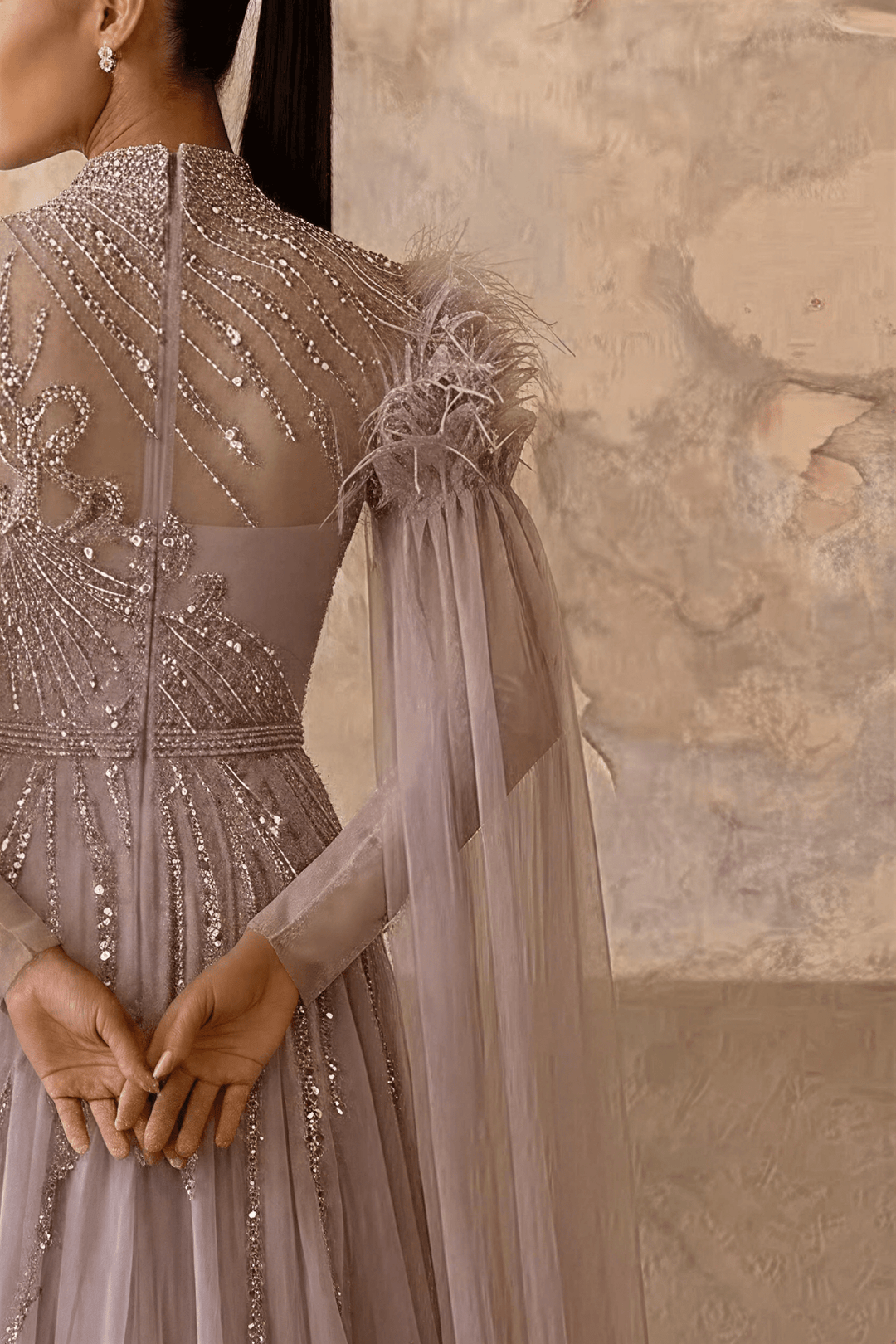Rose Pink Sequin Evening Gown - Sequin and Feather Dress – Embellished Gown with Feather Shoulders Plus Size - WonderlandByLilian