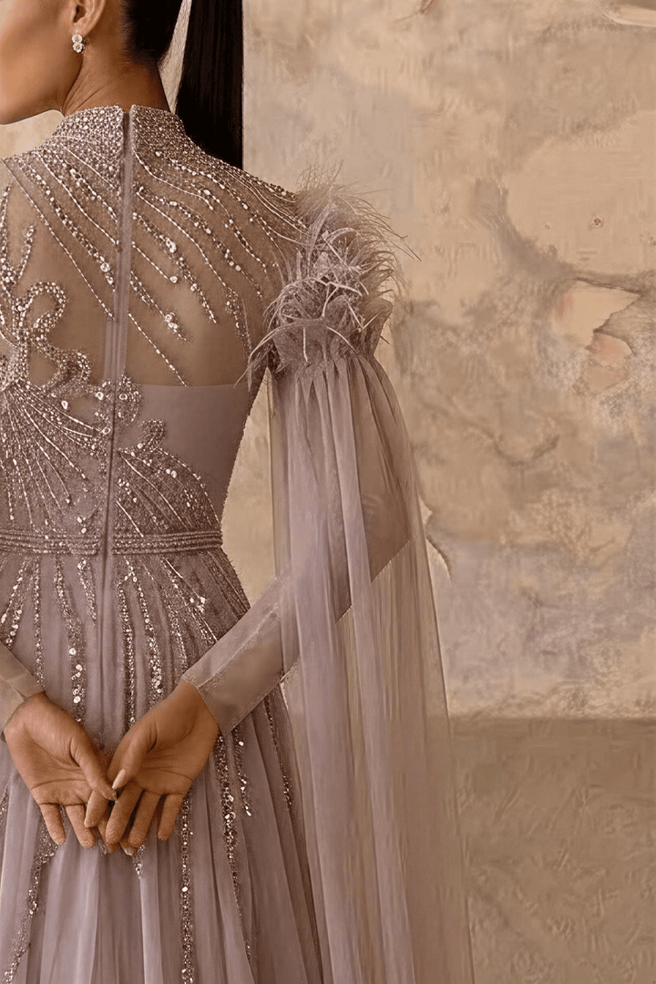 Rose Pink Sequin Evening Gown - Sequin and Feather Dress – Embellished Gown with Feather Shoulders Plus Size - WonderlandByLilian