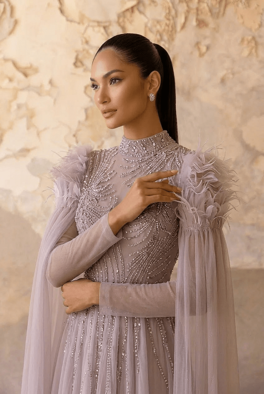 Rose Pink Sequin Evening Gown - Sequin and Feather Dress – Embellished Gown with Feather Shoulders Plus Size - WonderlandByLilian