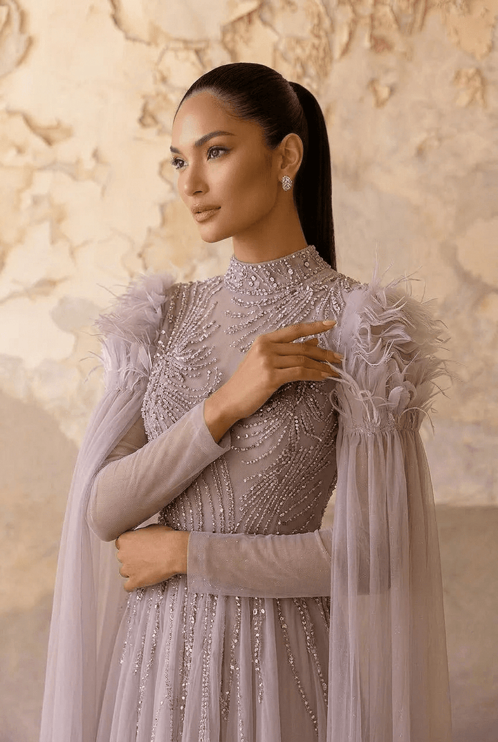 Rose Pink Sequin Evening Gown - Sequin and Feather Dress – Embellished Gown with Feather Shoulders Plus Size - WonderlandByLilian
