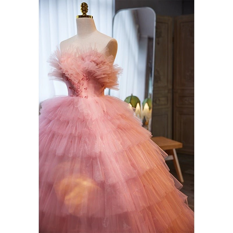 Rose Pink Tulle Evening Dress - Pink Tulle Party Dress with Floral Appliqué Plus Size - WonderlandByLilian