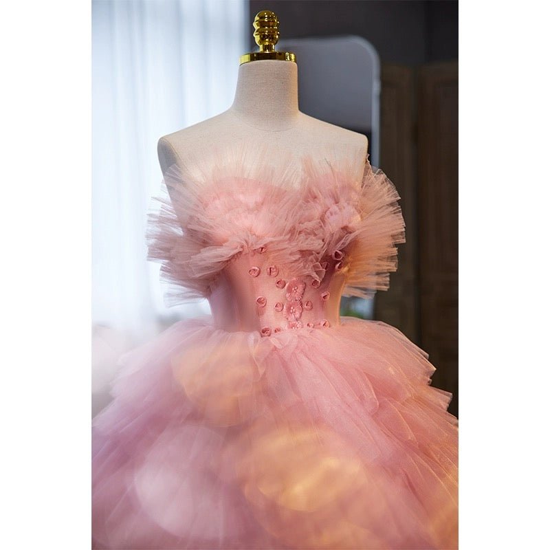 Rose Pink Tulle Evening Dress - Pink Tulle Party Dress with Floral Appliqué Plus Size - WonderlandByLilian