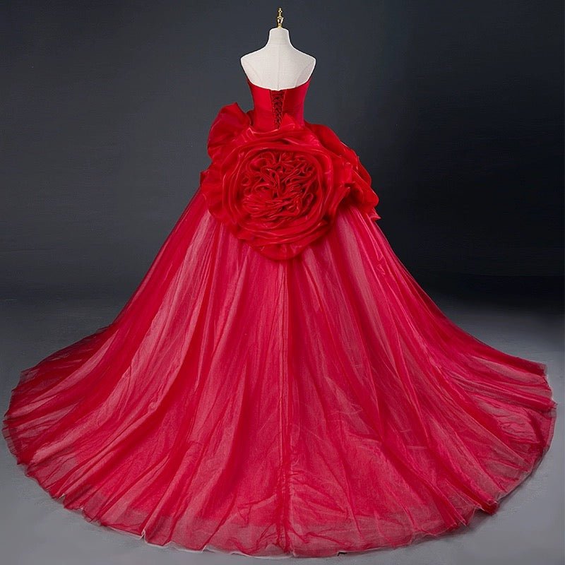 Rose Red Gothic Wedding Dress with Corset - Red Floral Wedding Dress Plus Size - WonderlandByLilian