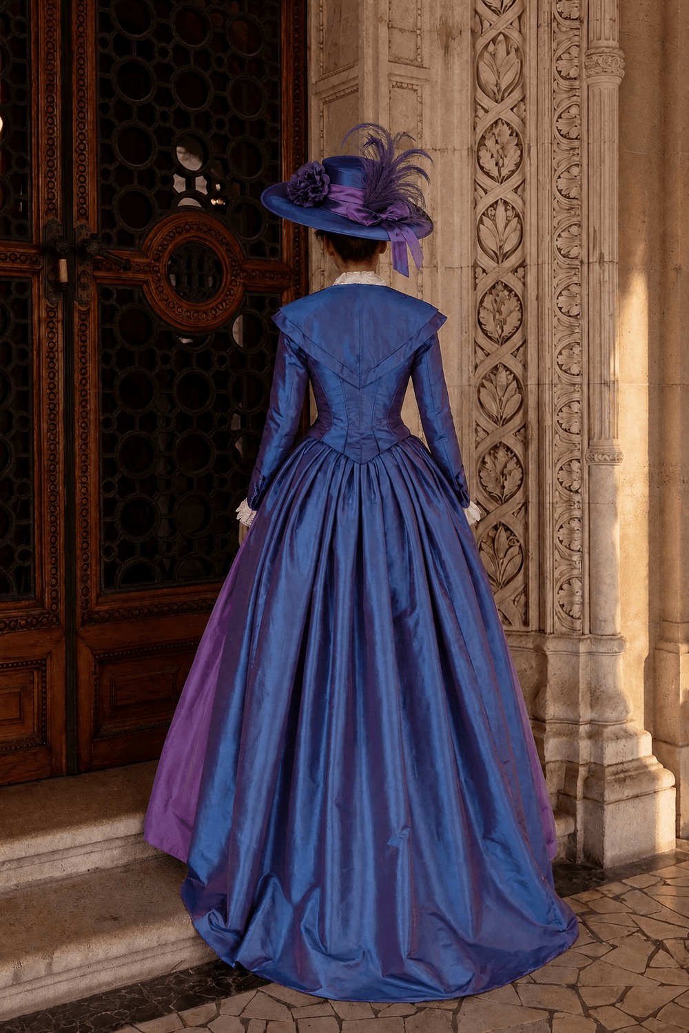 Royal Blue and Purple Rococo Ball Gown with Victorian Collar – Vintage Wedding Dress with Long Sleeves and Floral Embellishments Plus Size Size 18W