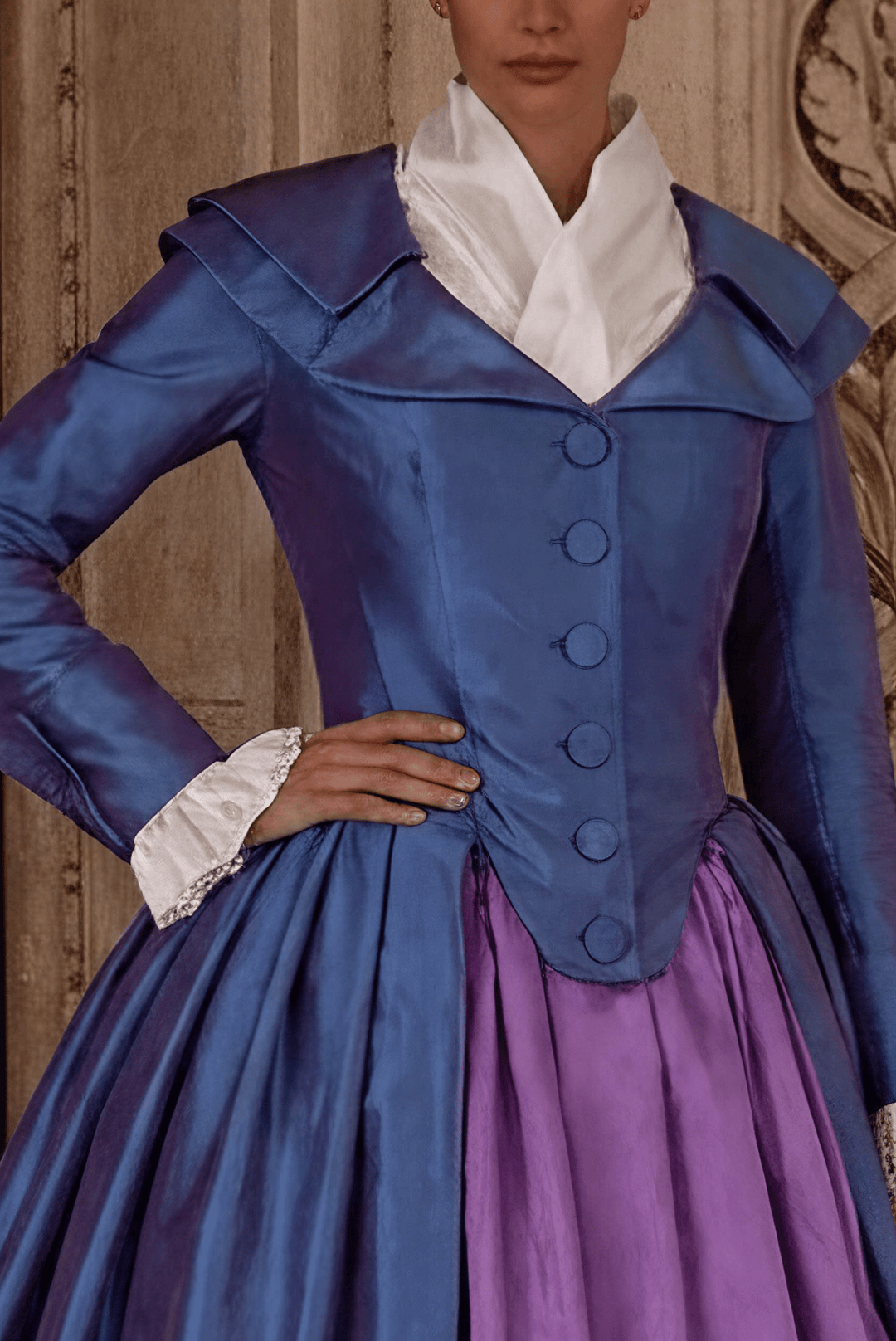 royal blue and purple wedding dress Royal Blue and Purple Rococo Ball Gown with Victorian Collar – Vintage Wedding Dress with Long Sleeves and Floral Embellishments Plus Size
