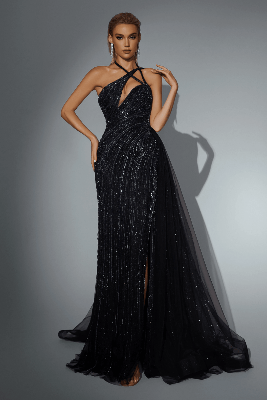 Royal Blue Pretty Sequin Dress with Side Slit - Designer Sequin Dress with Asymmetric Neckline - Sparkly Maxi Dress Plus Size - WonderlandByLilian