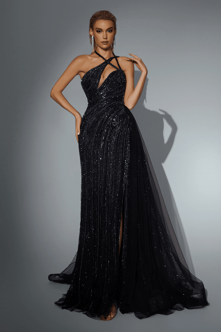 Royal Blue Pretty Sequin Dress with Side Slit - Designer Sequin Dress with Asymmetric Neckline - Sparkly Maxi Dress Plus Size - WonderlandByLilian