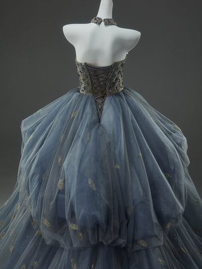 Royal Blue Prom Dress with Tulle Skirt - Golden Corset Back Wedding Dress Plus Size - WonderlandByLilian