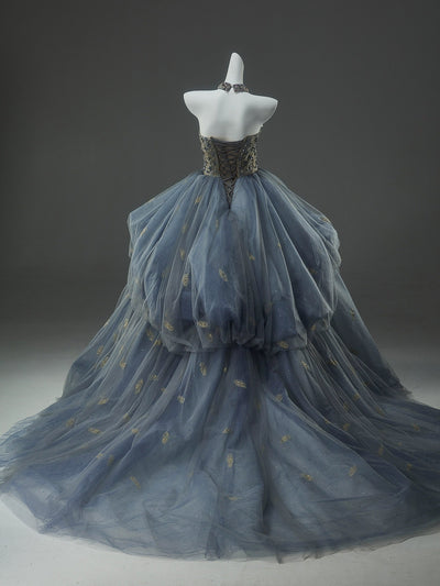 Royal Blue Prom Dress with Tulle Skirt - Golden Corset Back Wedding Dress Plus Size - WonderlandByLilian