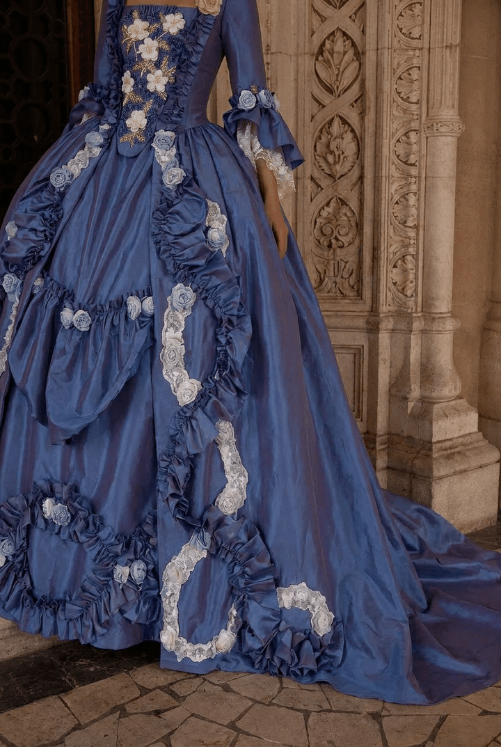 Royal Blue Rococo Ball Gown with Floral Lace and Ruffled Detailing – Victorian - Inspired Wedding Dress with Long Sleeves Plus Size - WonderlandByLilian