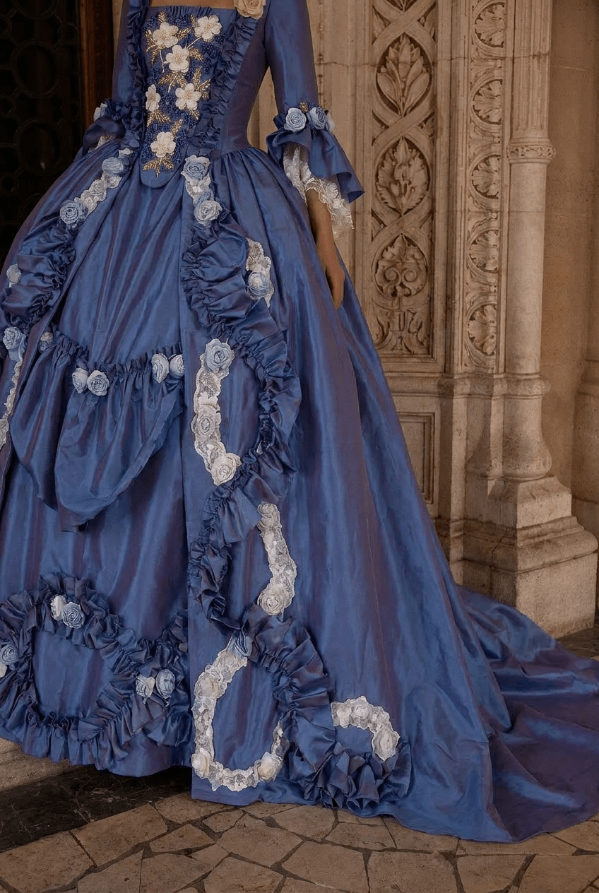 Royal Blue Rococo Ball Gown with Floral Lace and Ruffled Detailing – Victorian-Inspired Wedding Dress with Long Sleeves Plus Size Size 12 / Light Blue