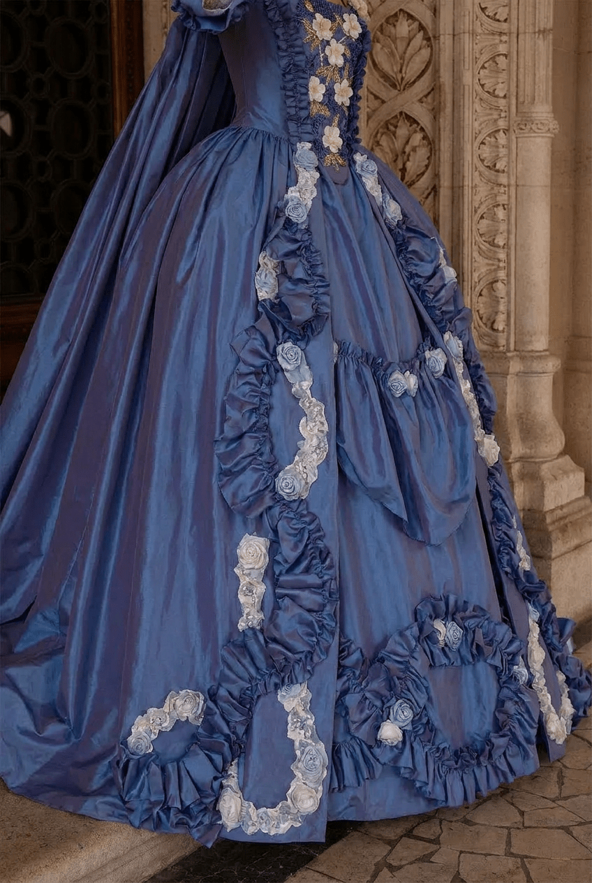 Royal Blue Rococo Ball Gown with Floral Lace and Ruffled Detailing – Victorian-Inspired Wedding Dress with Long Sleeves Plus Size Size 12 / Light Blue