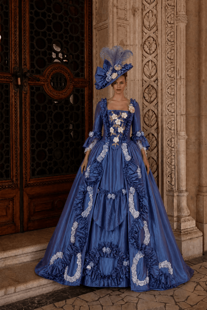royal blue and ivory wedding dress Rococo Ball Gown with Floral Lace Ruffled Detailing – Victorian - Inspired with Long Sleeves Plus Size xl/16