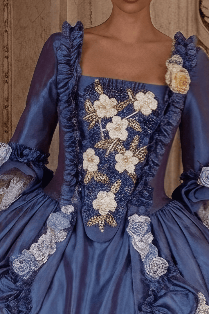 Royal Blue Rococo Ball Gown with Floral Lace and Ruffled Detailing – Victorian - Inspired Wedding Dress with Long Sleeves Plus Size - WonderlandByLilian