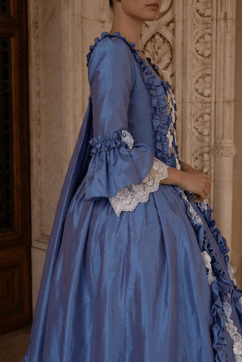 Royal Blue Rococo Ball Gown with Floral Lace and Ruffled Detailing – Victorian-Inspired Wedding Dress with Long Sleeves Plus Size Size 12 / Light Blue