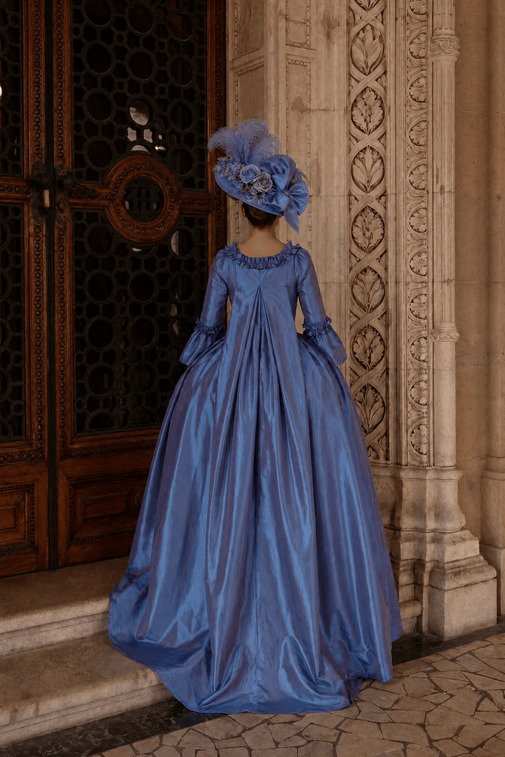 Royal Blue Rococo Ball Gown with Floral Lace and Ruffled Detailing – Victorian - Inspired Wedding Dress with Long Sleeves Plus Size - WonderlandByLilian