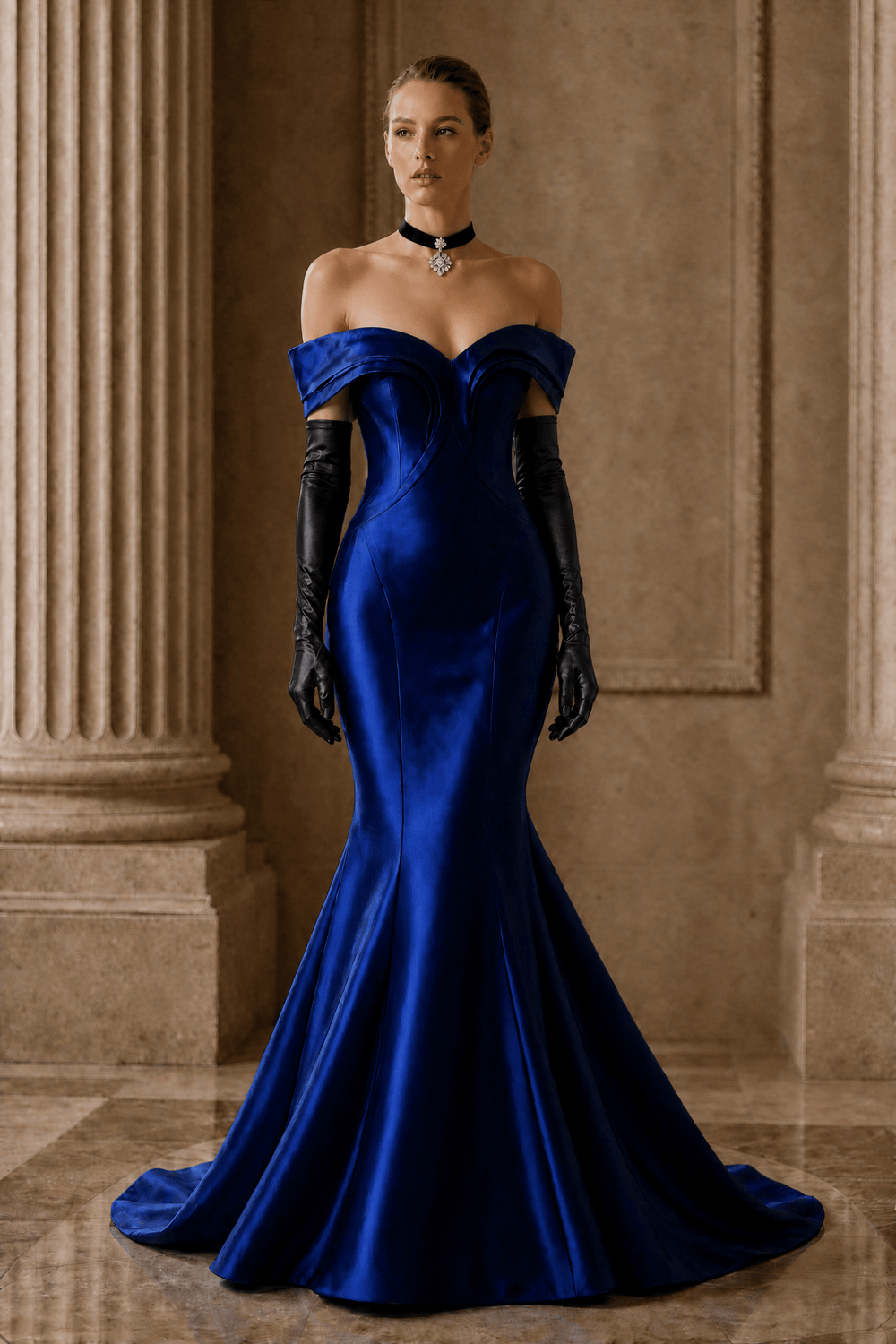 Royal Blue Satin Mermaid Gown with Sculpted Off Shoulder Corset Bodice Luxury Regal Evening Dress Couture Formal Gown Plus Size - WonderlandByLilian