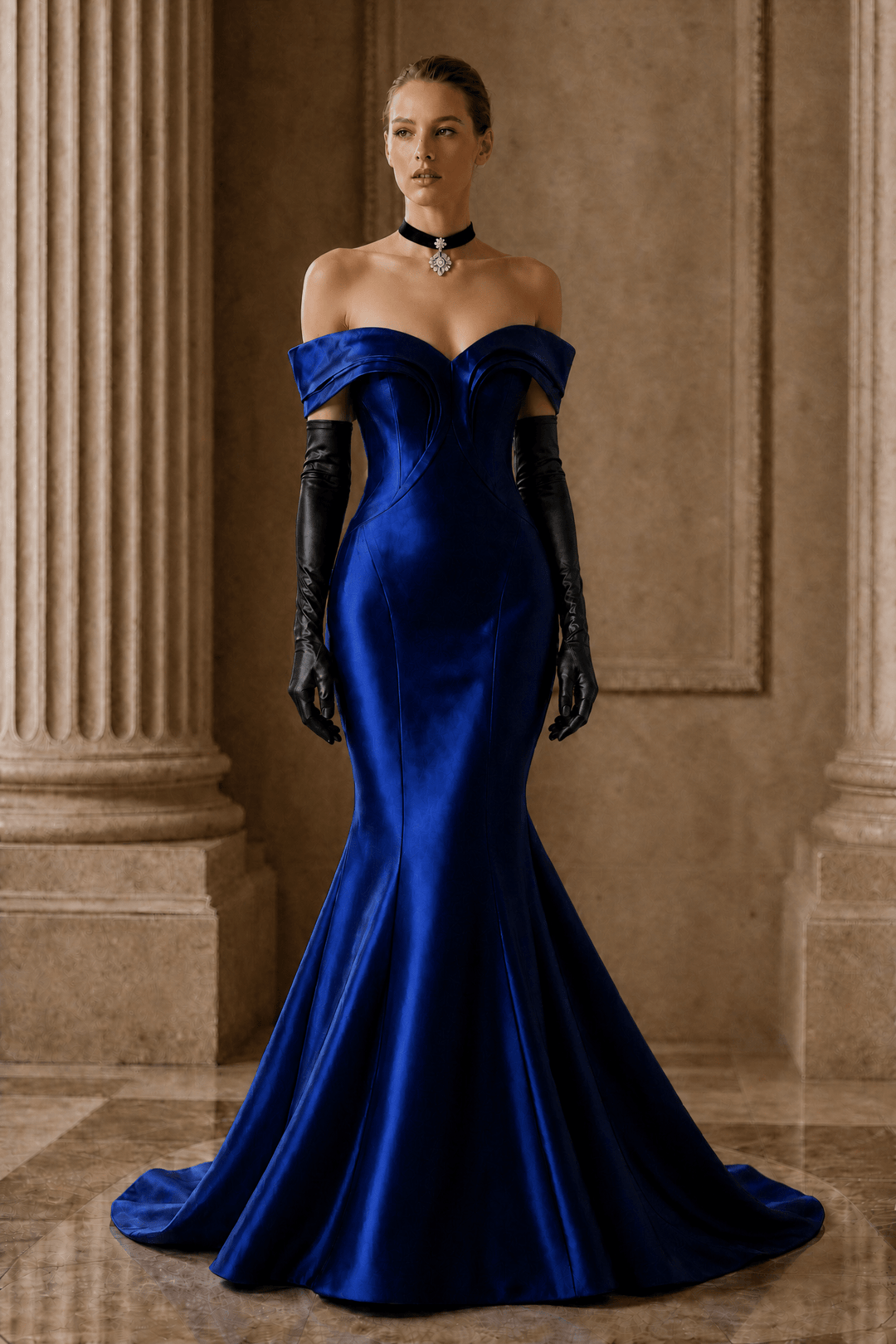 Royal Blue Satin Mermaid Gown with Sculpted Off Shoulder Corset Bodice Luxury Regal Evening Dress Couture Formal Gown Plus Size - WonderlandByLilian