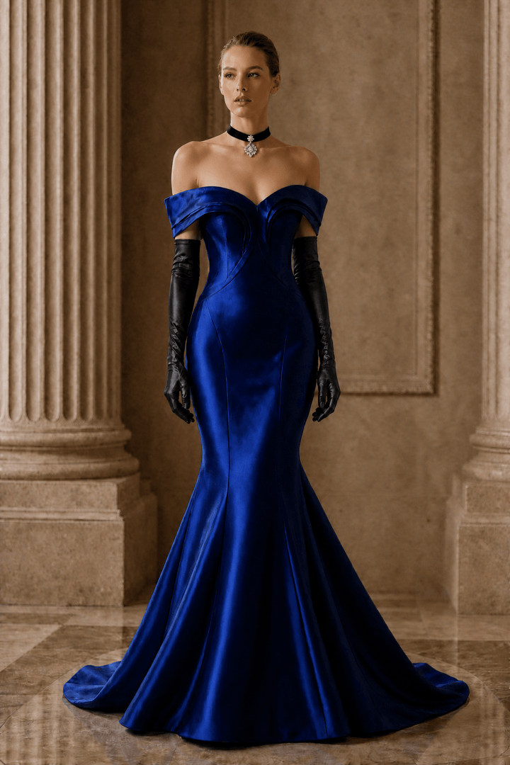 Royal Blue Satin Mermaid Gown with Sculpted Off Shoulder Corset Bodice Luxury Regal Evening Dress Couture Formal Gown Plus Size - WonderlandByLilian