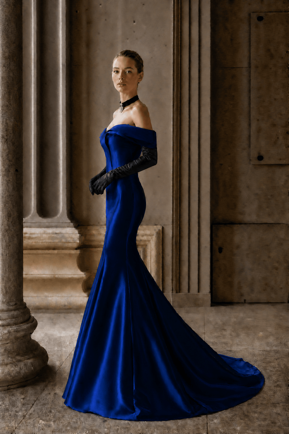 Royal Blue Satin Mermaid Gown with Sculpted Off Shoulder Corset Bodice Luxury Regal Evening Dress Couture Formal Gown Plus Size - WonderlandByLilian