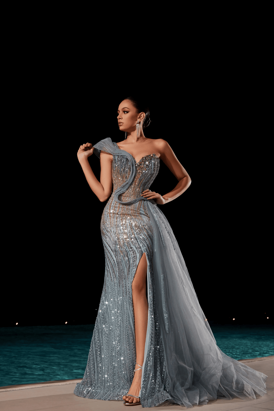 Royal Blue Sequin Evening Gown with One - Shoulder Design – Embellished Gown with High Slit and Sheer Tulle Train Plus Size - WonderlandByLilian