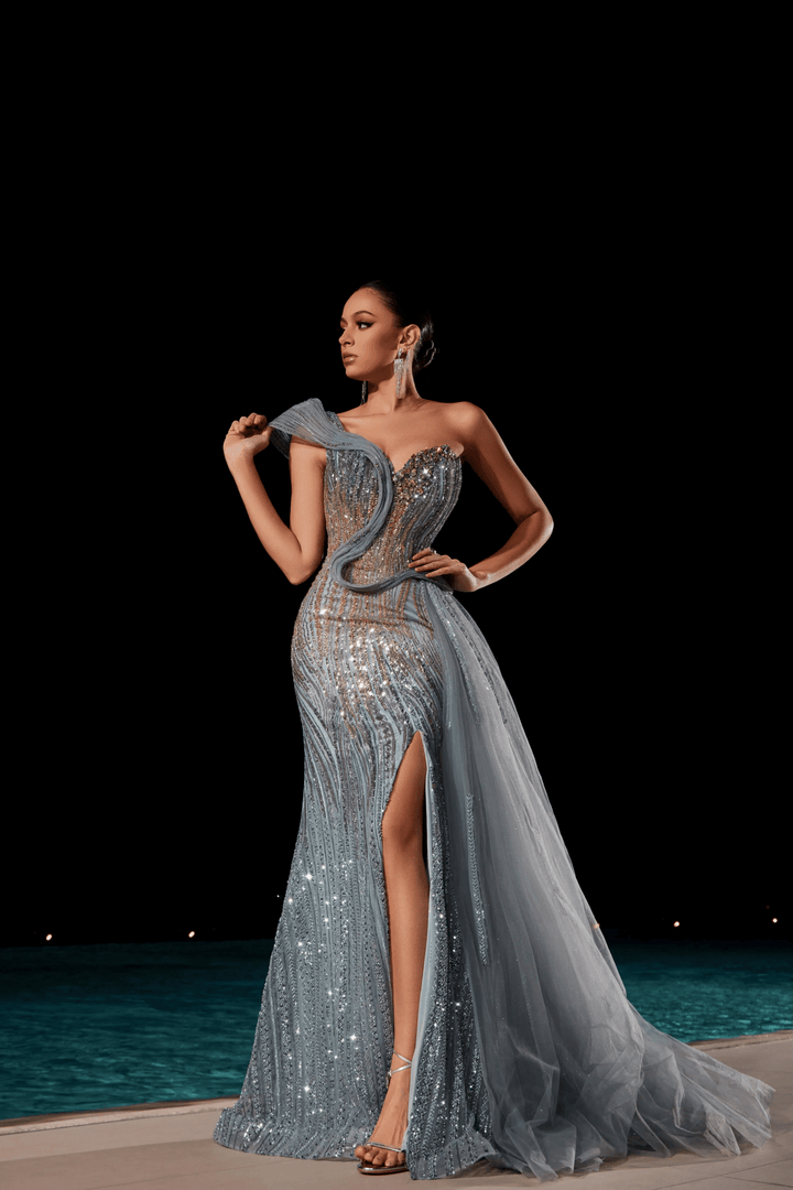 Royal Blue Sequin Evening Gown with One - Shoulder Design – Embellished Gown with High Slit and Sheer Tulle Train Plus Size - WonderlandByLilian