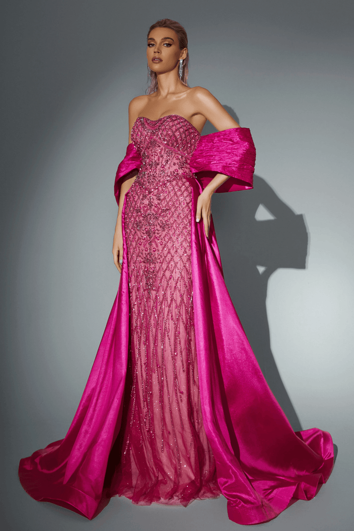 Royal Blue Strapless Glitter Dress with Overskirt - Designer Sequin Gown with Bow Detail - Pink Sequin Dress Plus Size - WonderlandByLilian