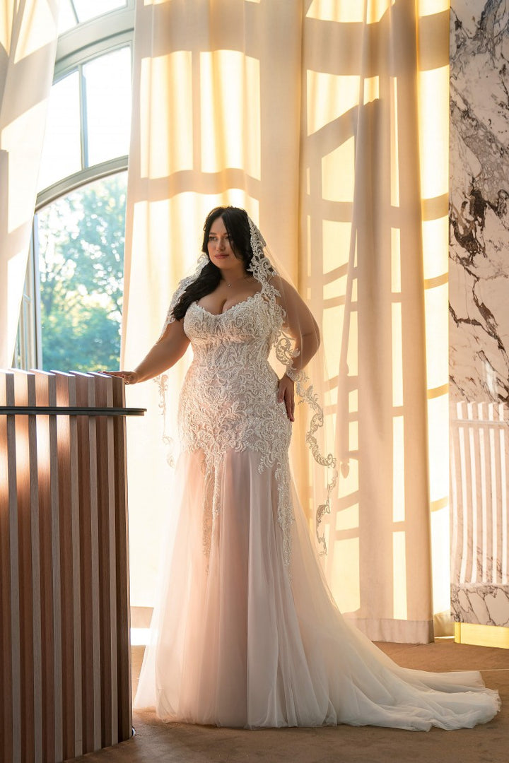 Plus Size Tulle Mermaid Wedding Dress with Thin Straps and Crystal Embroidery - Laced Back Wedding Dress - Lace Bodice Wedding Gown - NAOMI