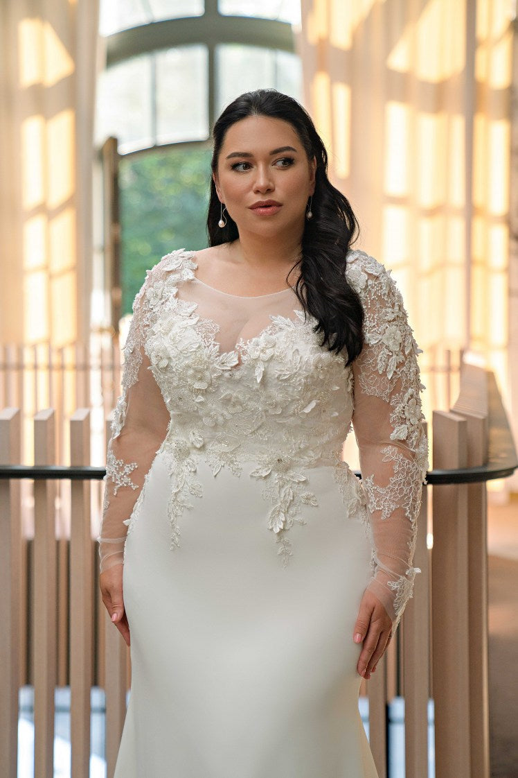 Plus Size Tulle Mermaid Wedding Dress with Long Sleeves - Lace Wedding Gown Long Sleeve - NALA