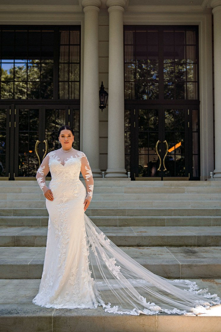 Plus Size Tulle Mermaid Wedding Dress with Long Sleeves - Long Sleeves Wedding Gown with Satin Waist Corset and Flower-Shaped Train - NARCISSA