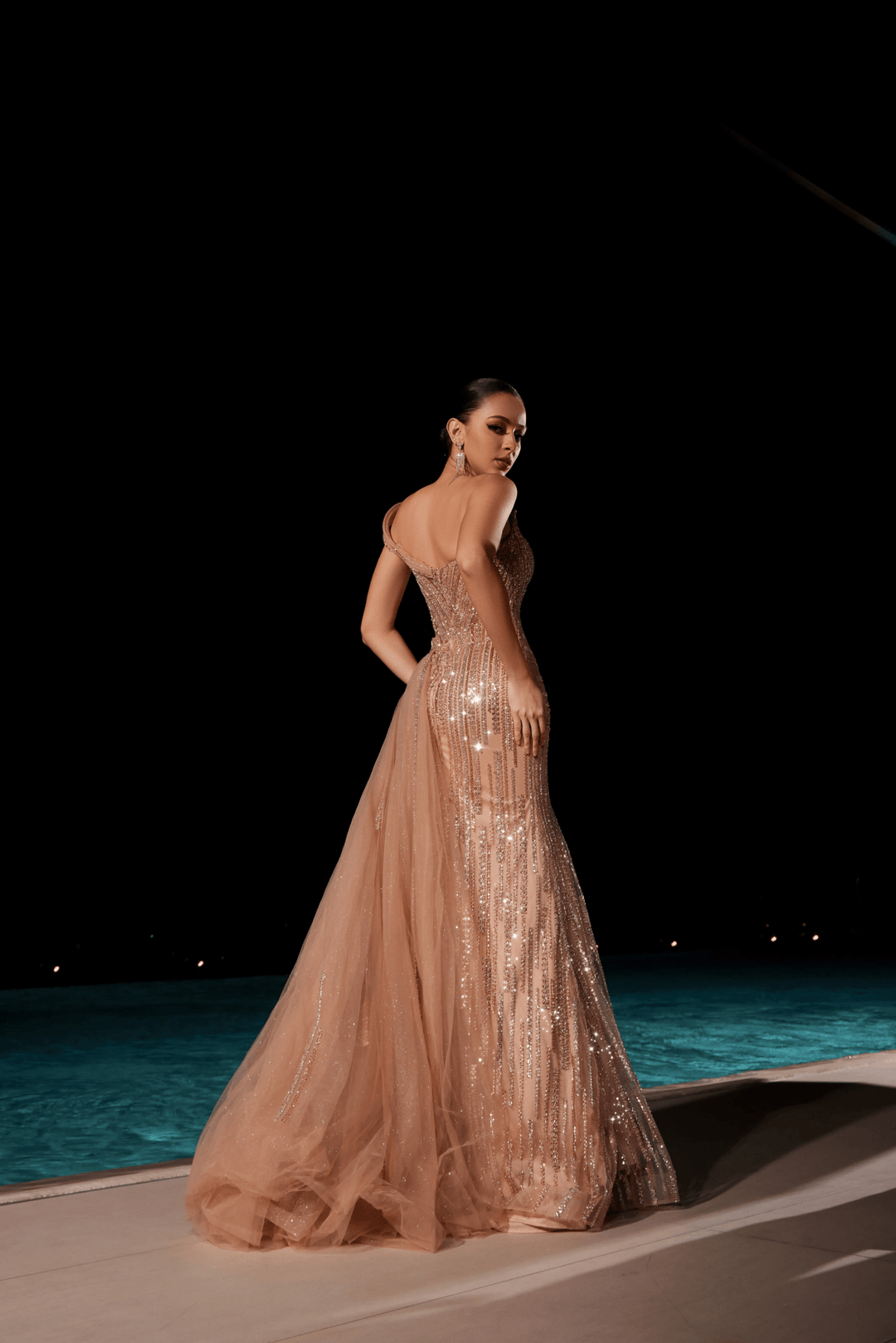 Sage Green Glitter Maxi Dress with High Slit and Beaded Floral Detailing – Embellished Gown with Sheer Tulle Train Plus Size - WonderlandByLilian
