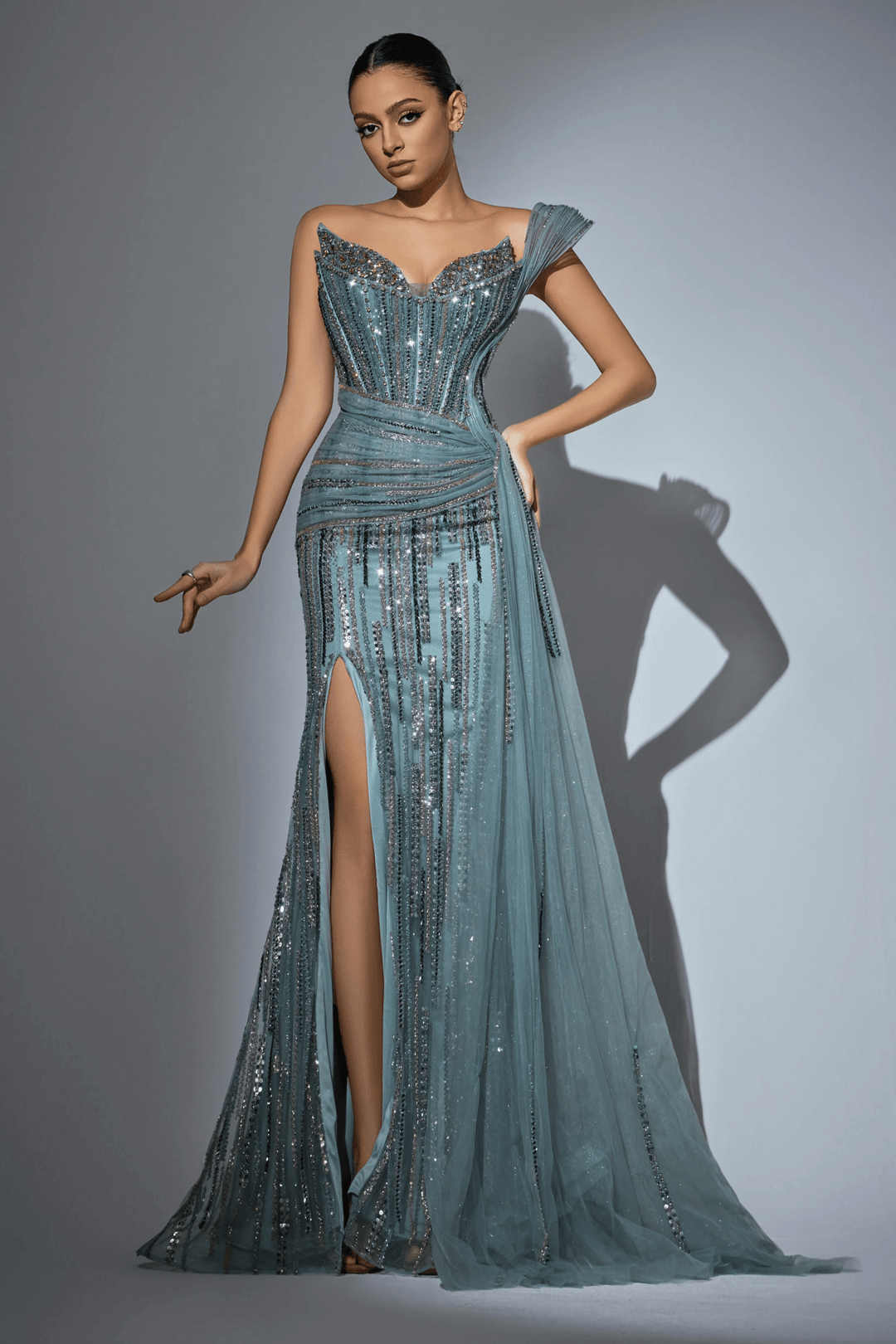 Sage Green Glitter Maxi Dress with High Slit and Beaded Floral Detailing – Embellished Gown with Sheer Tulle Train Plus Size - WonderlandByLilian