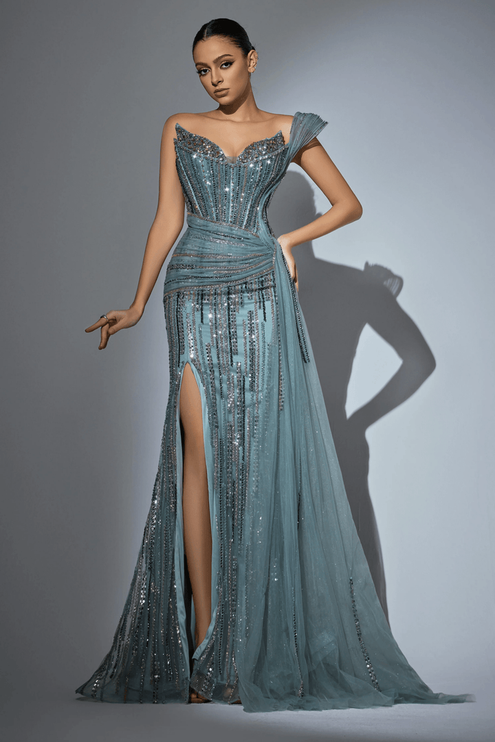 Sage Green Glitter Maxi Dress with High Slit and Beaded Floral Detailing – Embellished Gown with Sheer Tulle Train Plus Size - WonderlandByLilian