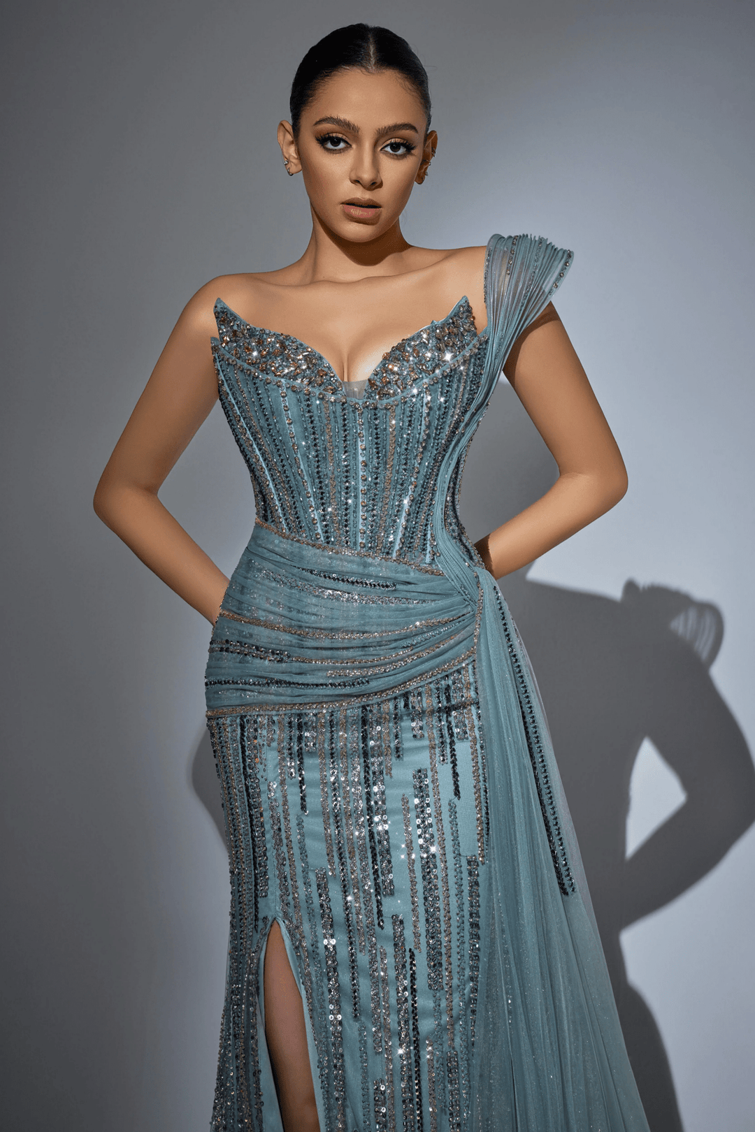 Sage Green Glitter Maxi Dress with High Slit and Beaded Floral Detailing – Embellished Gown with Sheer Tulle Train Plus Size - WonderlandByLilian