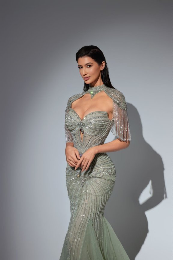 Sage Green Mermaid Sequin Gown - Sequins Evening Gown - Sequin Ball Gown with Beaded Cape Plus Size - WonderlandByLilian