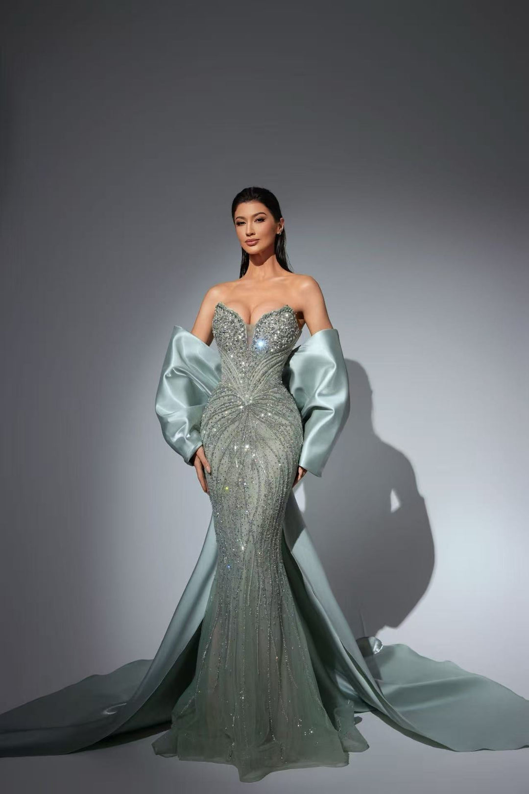 Sage Green Pretty Sequin Dress with Dramatic Satin Sleeves – Strapless Sequin Evening Gown Plus Size - WonderlandByLilian