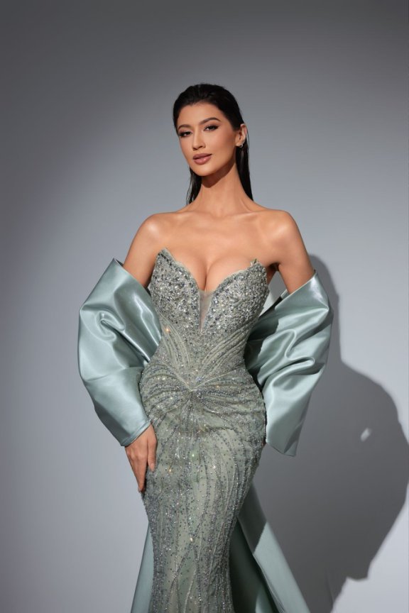 Sage Green Pretty Sequin Dress with Dramatic Satin Sleeves – Strapless Sequin Evening Gown Plus Size - WonderlandByLilian