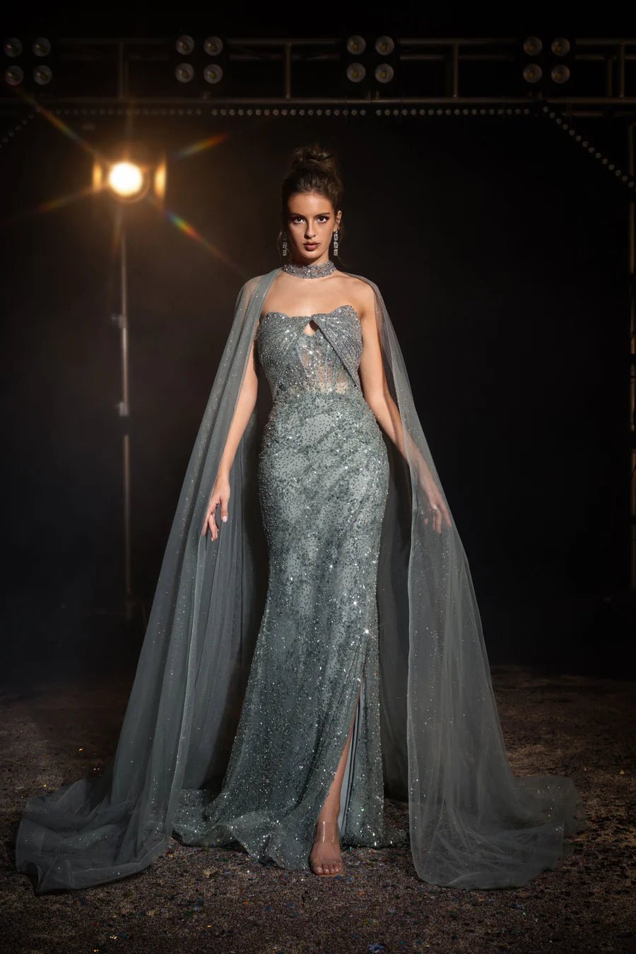 Sage Green Sequin Evening Gown with Cape - Pretty Sequin Dress - Designer Sequin Gown with Strapless and Slit Plus Size - WonderlandByLilian