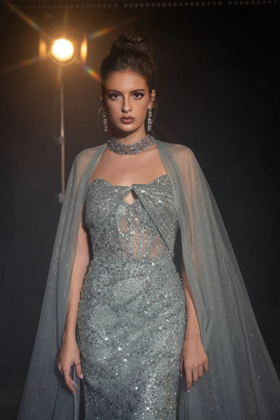 Sage Green Sequin Evening Gown with Cape - Pretty Sequin Dress - Designer Sequin Gown with Strapless and Slit Plus Size - WonderlandByLilian