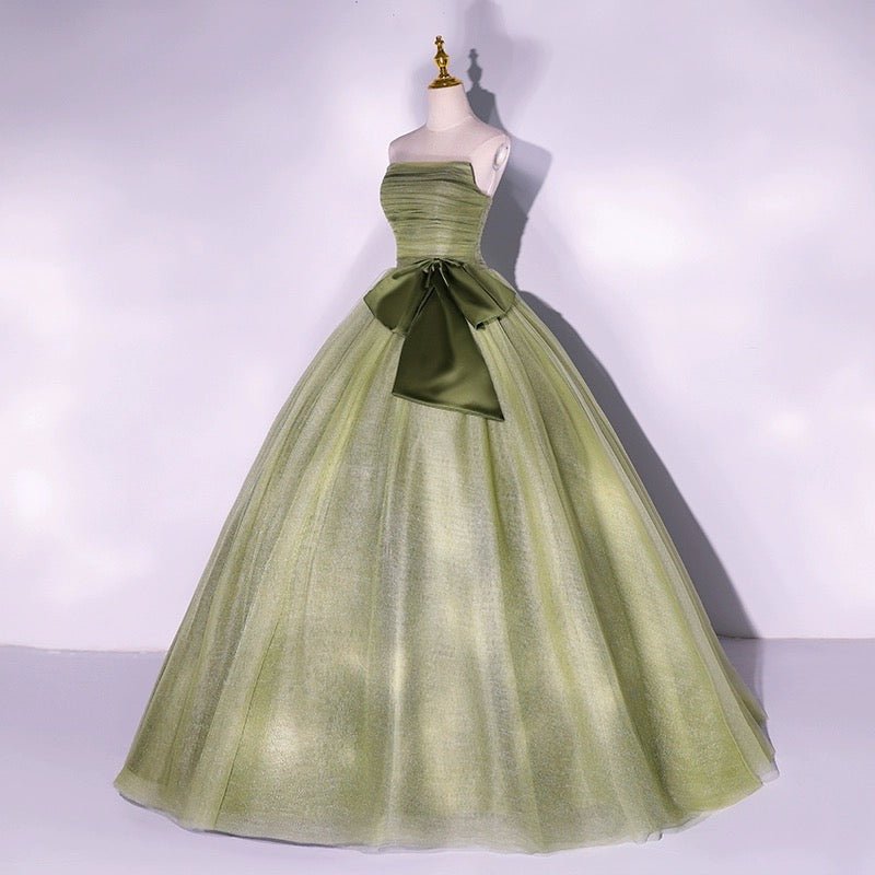 Sage Green Strapless Wedding Dress with Satin Bow Detail - Green Eveni WonderlandByLilian Sage Green Strapless Wedding Dress with Satin Bow Detail - Green Eveni WonderlandByLilian