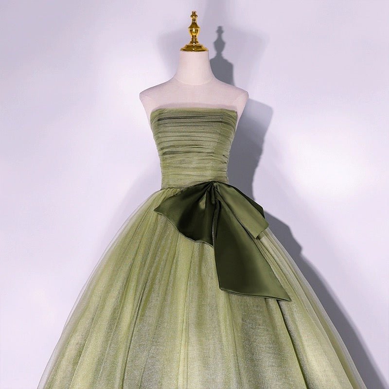 Sage Green Strapless Wedding Dress with Satin Bow Detail - Green Eveni WonderlandByLilian Sage Green Strapless Wedding Dress with Satin Bow Detail - Green Eveni WonderlandByLilian