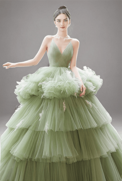 Sage Green Tiered Tulle Gown with Spaghetti Strap - Corset Back Evening Dress Plus Size - WonderlandByLilian