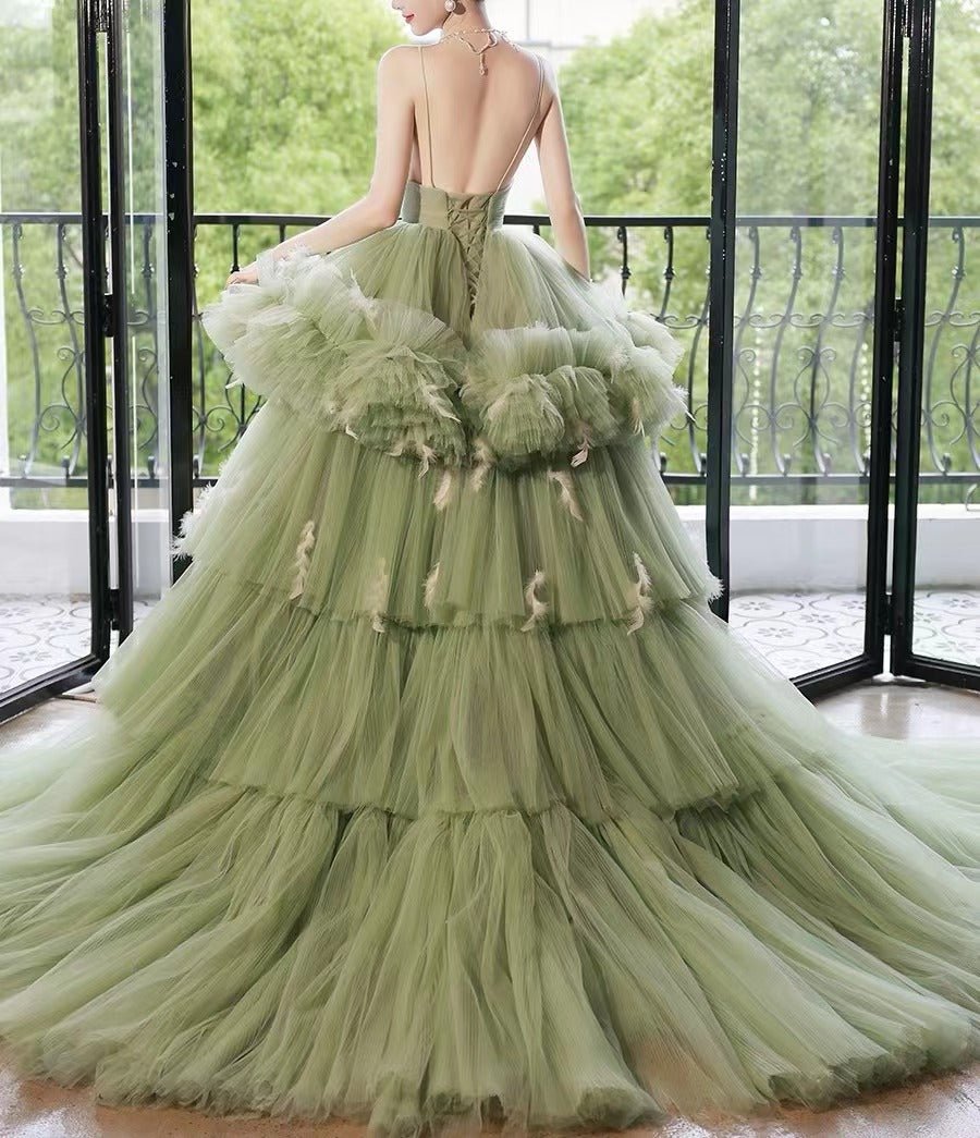 Sage Green Tiered Tulle Gown with Spaghetti Strap - Corset Back Evening Dress Plus Size - WonderlandByLilian