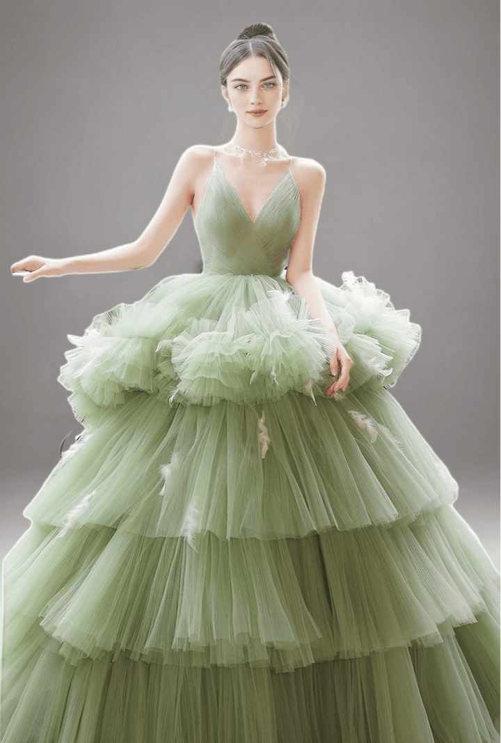 Sage Green Tiered Tulle Gown with Spaghetti Strap - Corset Back Evening Dress Plus Size - WonderlandByLilian