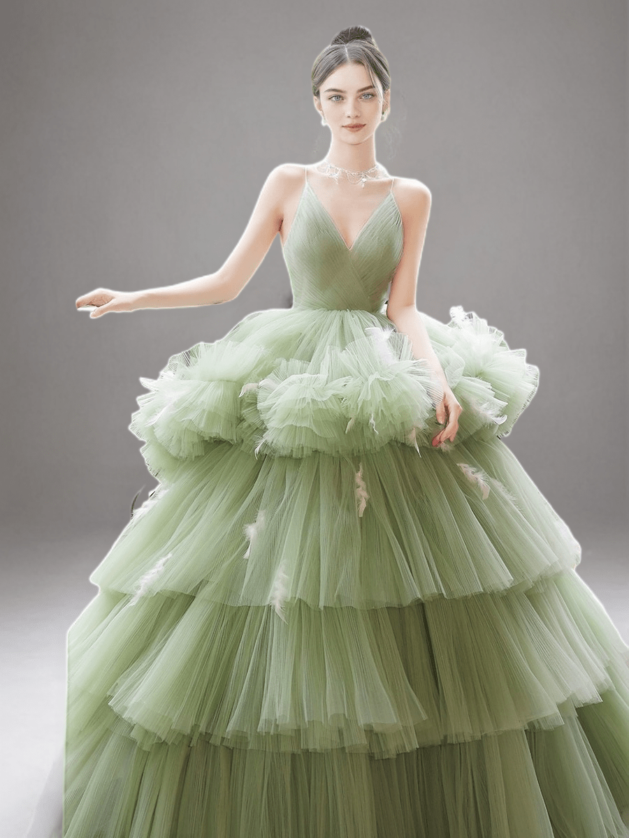 Sage Green Tiered Tulle Gown with Spaghetti Strap - Corset Back Evening Dress Plus Size - WonderlandByLilian