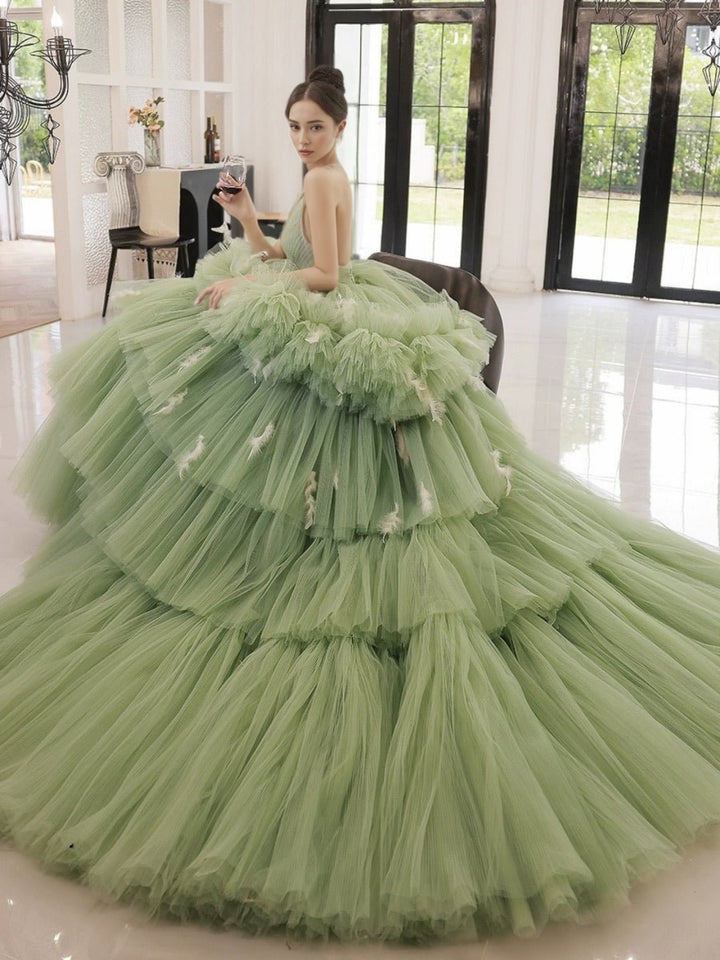 Sage Green Tiered Tulle Gown with Spaghetti Strap - Corset Back Evening Dress Plus Size