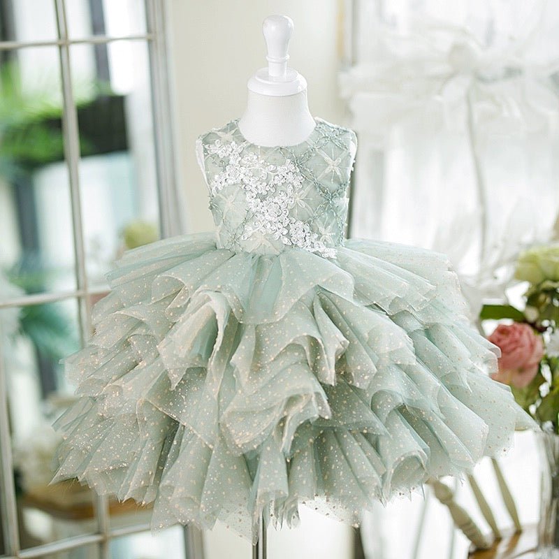 Sage Green Tulle Flower Girl Dress with Embellished Bodice Plus Size - WonderlandByLilian