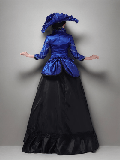 Sapphire Blue Baroque Medieval Dress – Elegant Black Ball Gown with Cascading Ruffles Plus Size - WonderlandByLilian