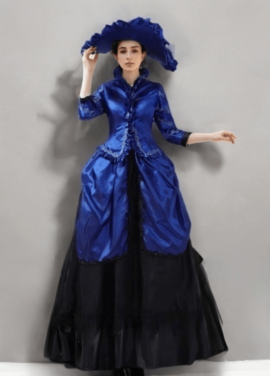 Sapphire Blue Baroque Medieval Dress – Elegant Black Ball Gown with Cascading Ruffles Plus Size - WonderlandByLilian